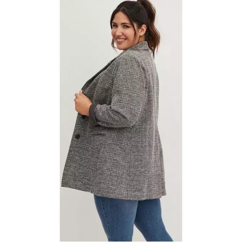 Torrid Knit Blazer Women Sz 1 Grey Black Plaid Longline 2-Button Career Jacket - Picture 13 of 15